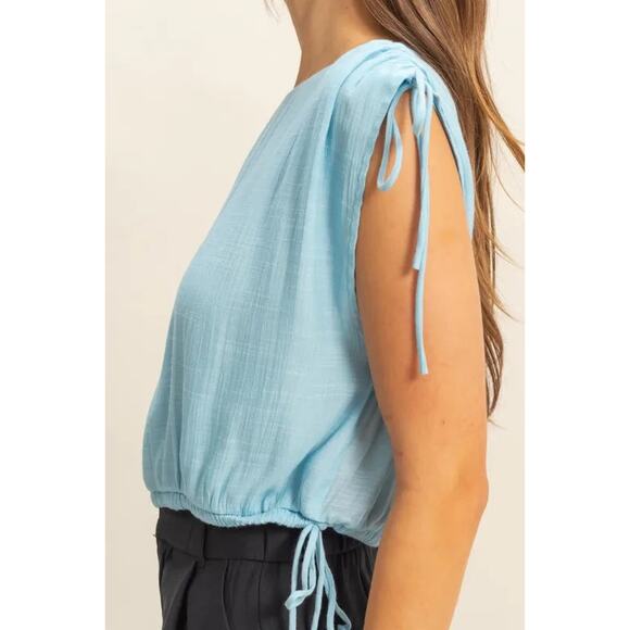 HYFVE Bubble Hem Side Tie Detail Round Neck Sleeveless Casual Blouse | Mint Blue - Picture 5 of 5